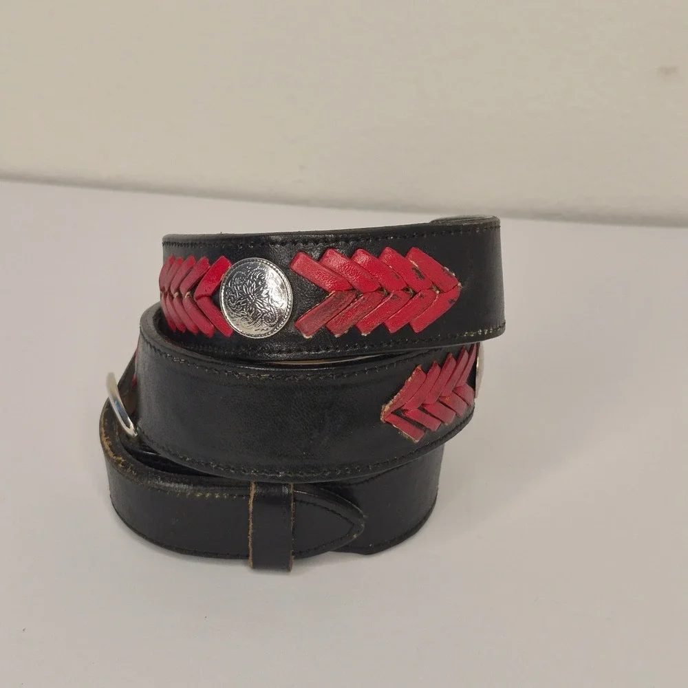 Brazos Joe Western Black Red Woven Leather Concho Belt Made in‎ USA Mens Size 30